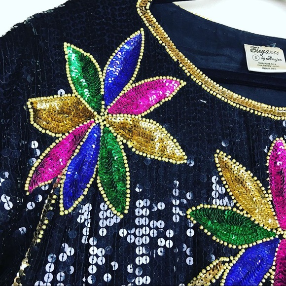 VINTAGE 100% Silk Sequined Black Floral Blouse S - Picture 4 of 8